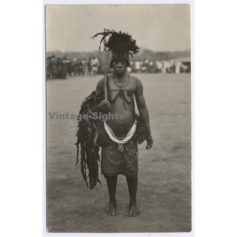 Congo Belge: Elder Native Female Warrior Rifle Weapon Ceremonial Dress (Vintage RPPC ~1920s/1930s)