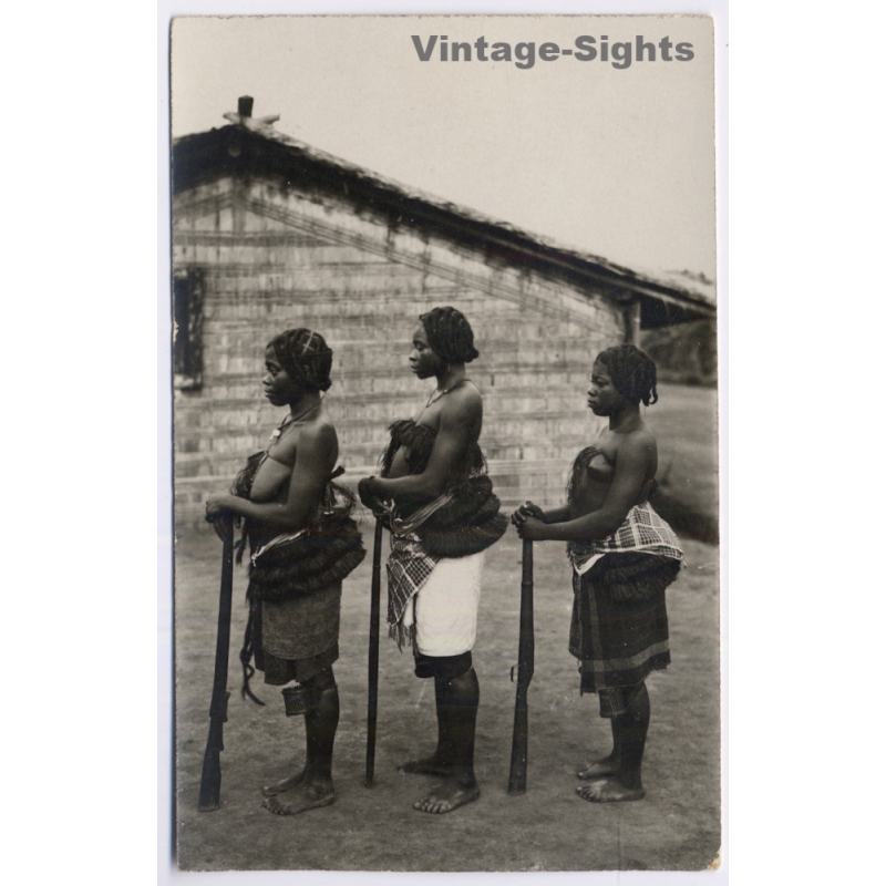 Congo Belge: 3 Native Tribal Women With Rifles*2 (Vintage RPPC ~1920s/1930s)