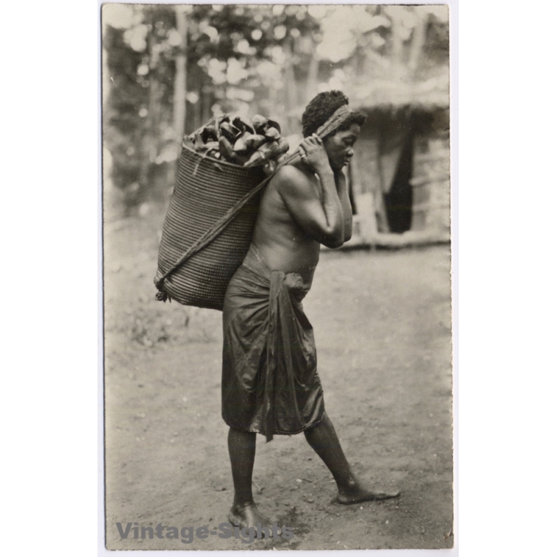 Congo Belge: Native African Woman Head-Carrying Basket (Vintage RPPC ~1920s/1930s)
