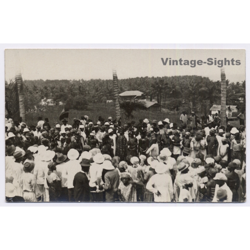 Congo Belge: Native African Gathering Colonial Flag Ceremony (Vintage RPPC ~1920s/1930s)
