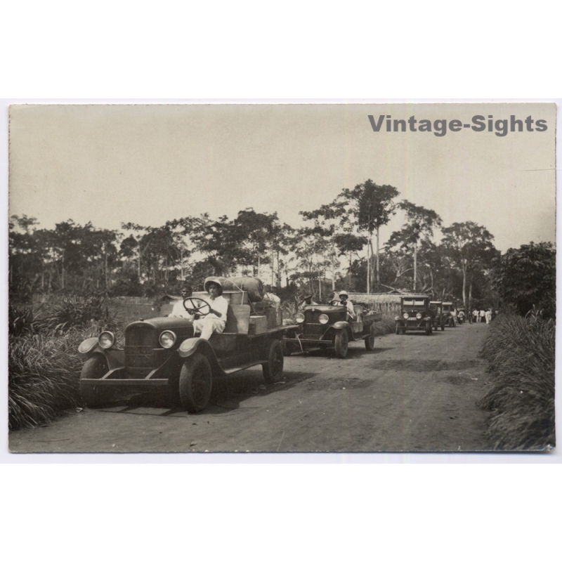Congo Belge: Colonial Expedition Convoy Truck Transport (Vintage RPPC ~1920s/1930s)
