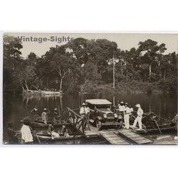 Congo Belge: Pirogue Ferry Transporting Colonial Expedition Car (Vintage RPPC ~1920s/1930s)