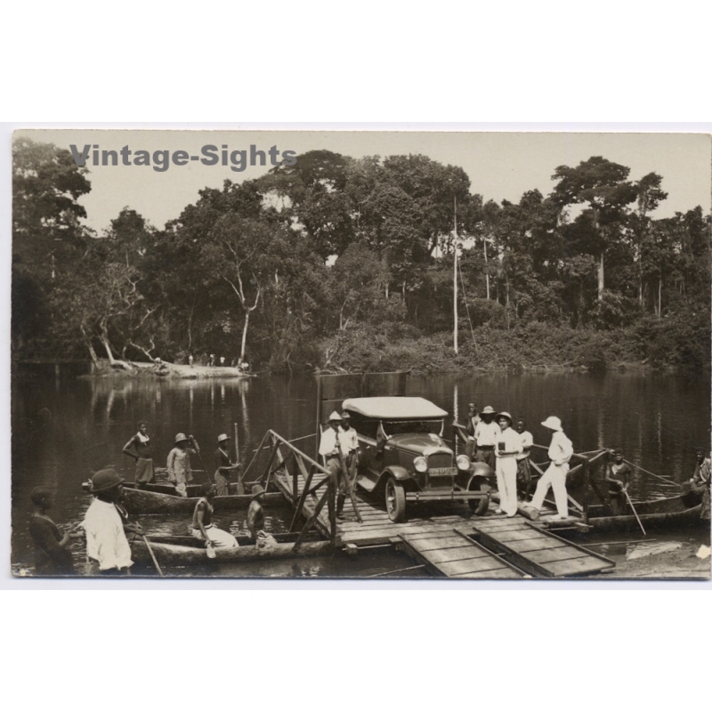 Congo Belge: Pirogue Ferry Transporting Colonial Expedition Car (Vintage RPPC ~1920s/1930s)