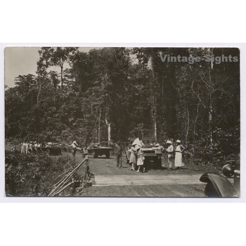 Congo Belge: Early Caravan Trucks Caravan Convoy Jungle Bridge (Vintage RPPC ~1920s/1930s)