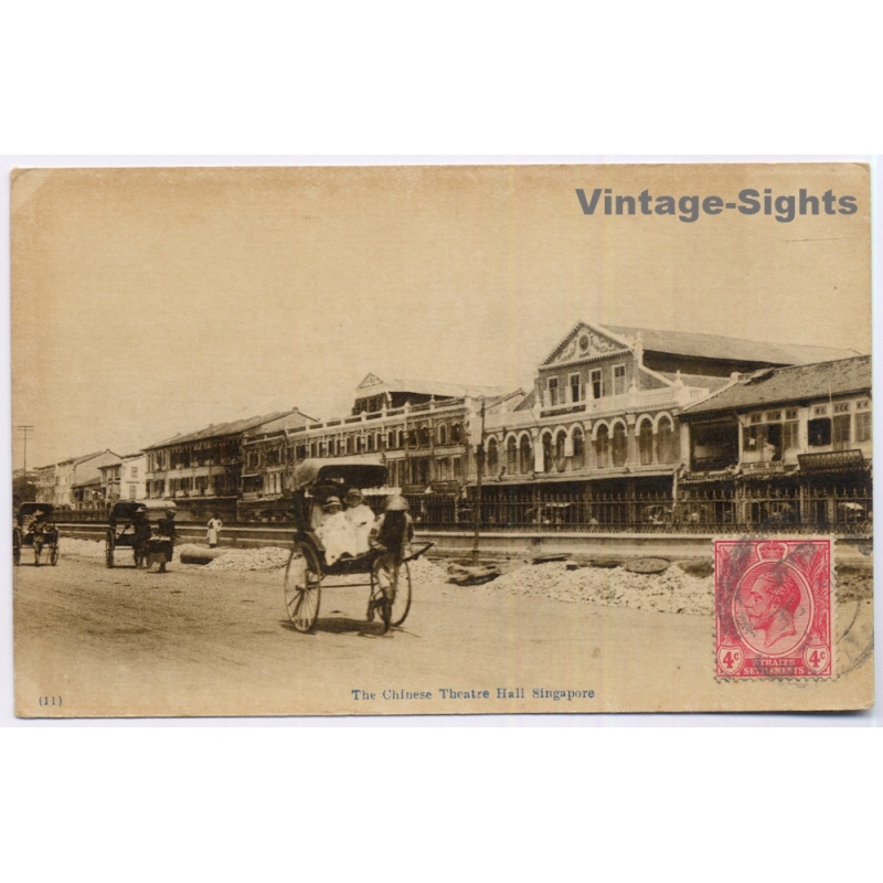 Singapore: Chinese Theatre Hall Rickshaw Straits Settlements KGV (Vintage PC 1910s)