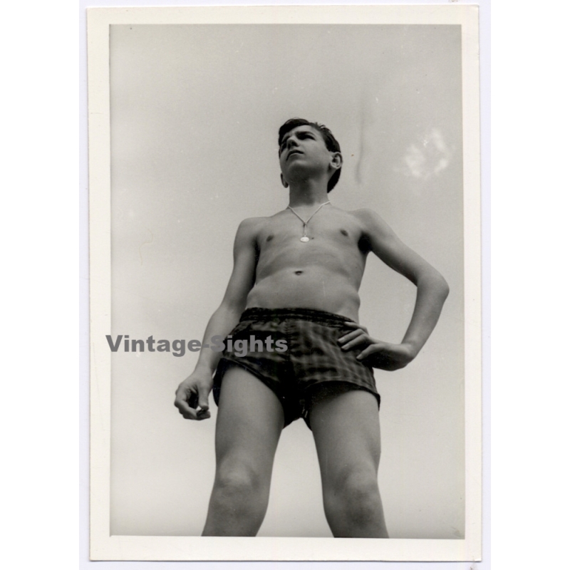 Young Topless Man In Swimming Trunks - Cigarette / Gay INT (Vintage Photo 1960s)