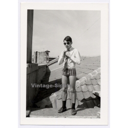 Young Guy In Shorts On Rooftop Ties A Tie / Gay INT (Vintage Photo 1960s)