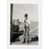 Young Guy In Shorts On Rooftop Ties A Tie / Gay INT (Vintage Photo 1960s)