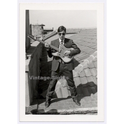 Elegant Young Man Plays Guitar On Rooftop - Beatnik / Gay INT (Vintage Photo 1960s)