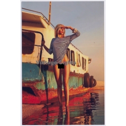 Erotic Study: Stunning Blonde Semi Nude Besides Old Stranded Boat (Digital Photo Print B/W ~2000s)