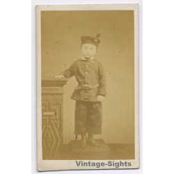 Portrait Young Boy Fancy Jacket Feathered Cap Carved Table (Vintage CDV ~1860s)
