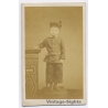 Portrait Young Boy Fancy Jacket Feathered Cap Carved Table (Vintage CDV ~1860s)