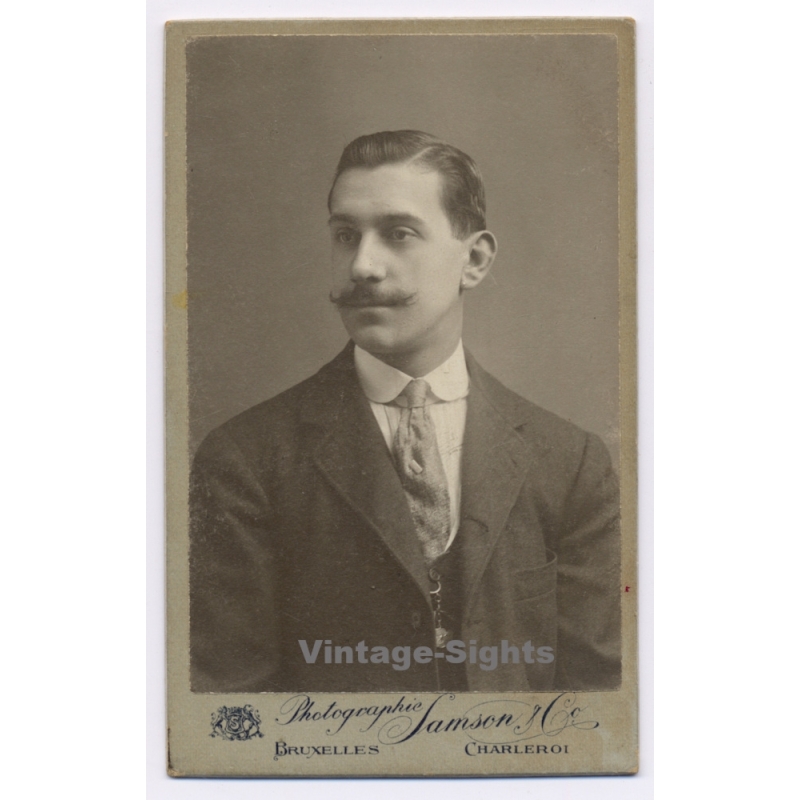 Samson & Co / Brussels - Charleroi: Young Man Handlebar Moustache (Vintage CDV ~1890s)