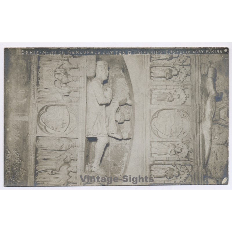 Spain: Castello D'Ampurias Comtes Empuries Sarcophagus Medieval Tomb Relief (Vintage RPPC 1910s)