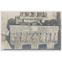 Spain: Ampurias Empuries Roman Sarcophagus Relief Museo Girona Archaeology (Vintage RPPC 1910s)