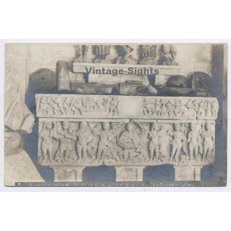 Spain: Ampurias Empuries Roman Sarcophagus Relief Museo Girona Archaeology (Vintage RPPC 1910s)