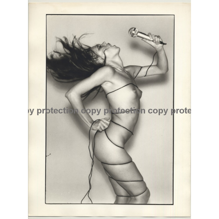 Petite Nude Woman Wrapped In Cabel Holds Microphone (Vintage Photo 1980s Large)