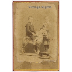 Two Boys Rocking Horse Straw Hats (Vintage Cabinet Card Photo ~1880s/1890s)