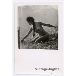 Natural Nude Female With Ponytail Kneeling On Meadow In the Alps (Vintage RPPC ~1930s/1940s)