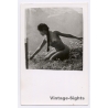 Natural Nude Female With Ponytail Kneeling On Meadow In the Alps (Vintage RPPC ~1930s/1940s)