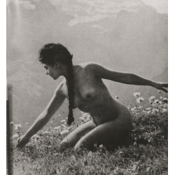 Natural Nude Female With Ponytail Kneeling On Meadow In the Alps (Vintage RPPC ~1930s/1940s)
