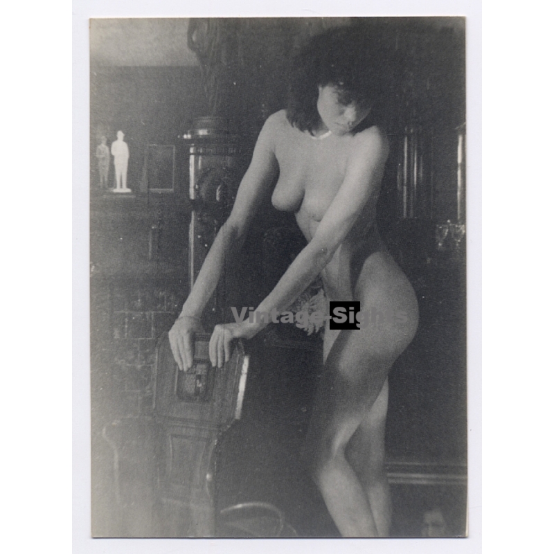 Erotic Study: Slim Dark-Haired Nude Female In Living Room (Vintage Photo France 1984)