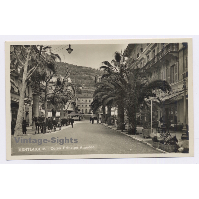 Ventimiglia / Italy: Corso Principe Amedeo Street Scene Horse Carriage (Vintage RPPC ~1920s/1930s)