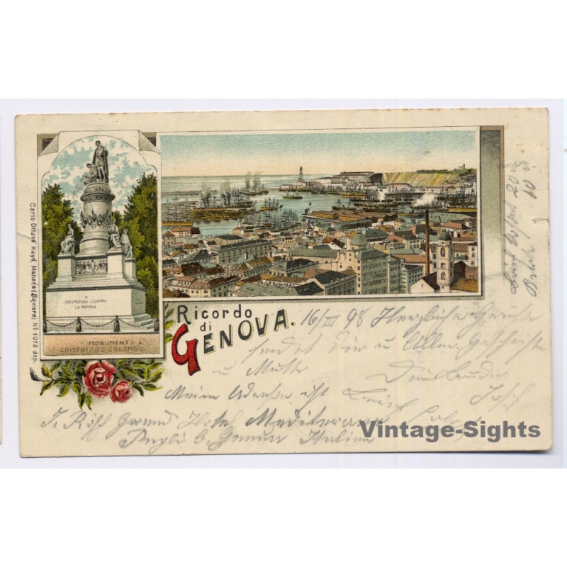 Genova / Italy: Genoa Harbor Colombo Monument Ricordo Di (Vintage PC Litho 1898)