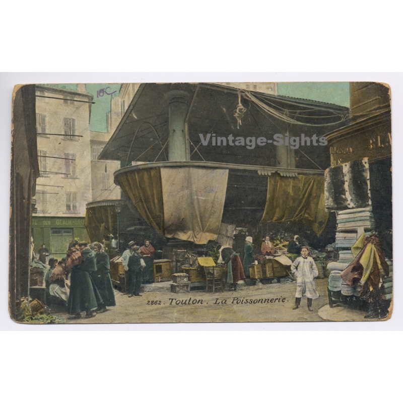 Toulon / France: La Poissonnerie Fish Market Street Scene Aqua Photo (Vintage PC)