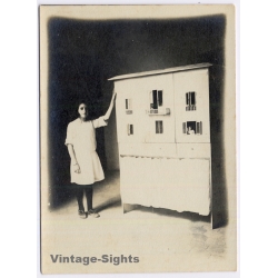 Great Take: Girl Beside Dollhouse Toy Model House Studio Portrait (Vintage RPPC 1910s/1920s)