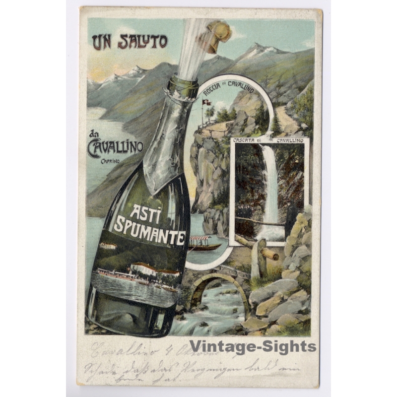 Italy: Asti Spumante Wine Advertising Cavallino Caprino Waterfall Lugano (Vintage PC 1907)