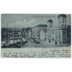 Trieste / Italy: Harbor Moonlight Palazzo Carciotti Sailing Ships (Vintage PC 1897)