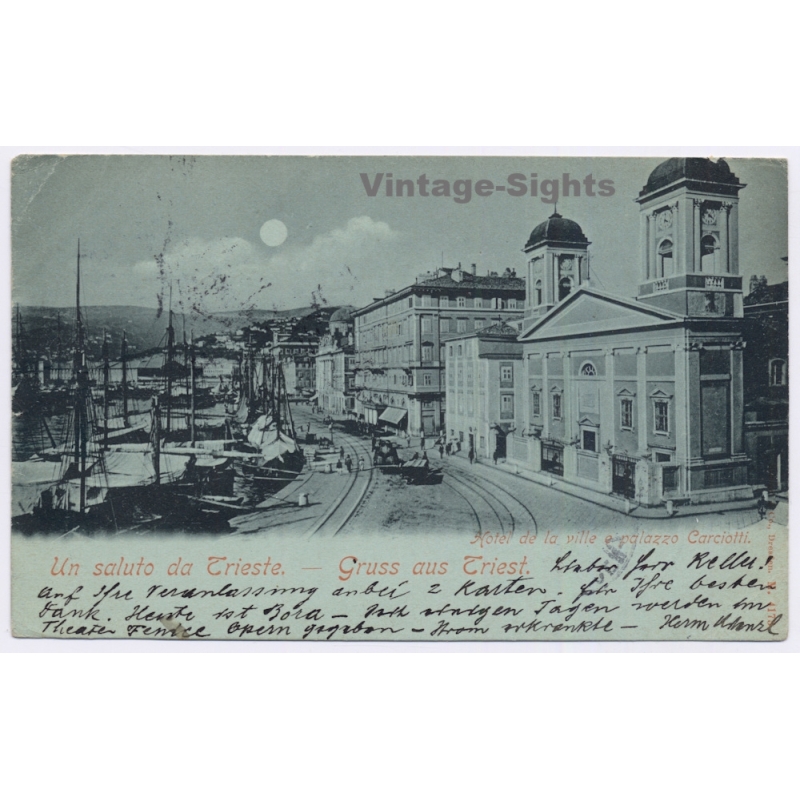 Trieste / Italy: Harbor Moonlight Palazzo Carciotti Sailing Ships (Vintage PC 1897)