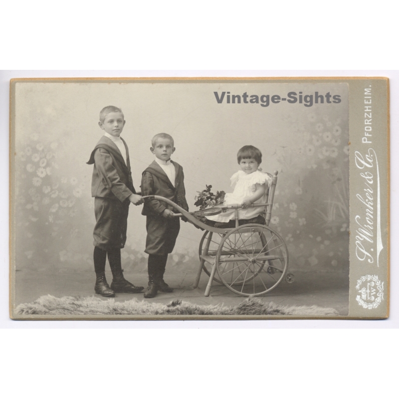 Wronker & Co / Pforzheim: 3 Children Wicker Doll Pram Sailor Suits (Vintage Cabinet Card Photo ~1900s/1910s)