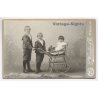 Wronker & Co / Pforzheim: 3 Children Wicker Doll Pram Sailor Suits (Vintage Cabinet Card Photo ~1900s/1910s)