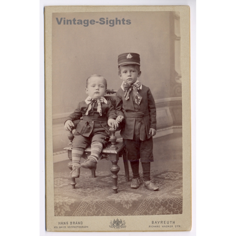Hans Brand / Bayreuth: 2 Boys Sailor Cap Bow Ties (Vintage Cabinet Card Photo ~1890s/1900s)