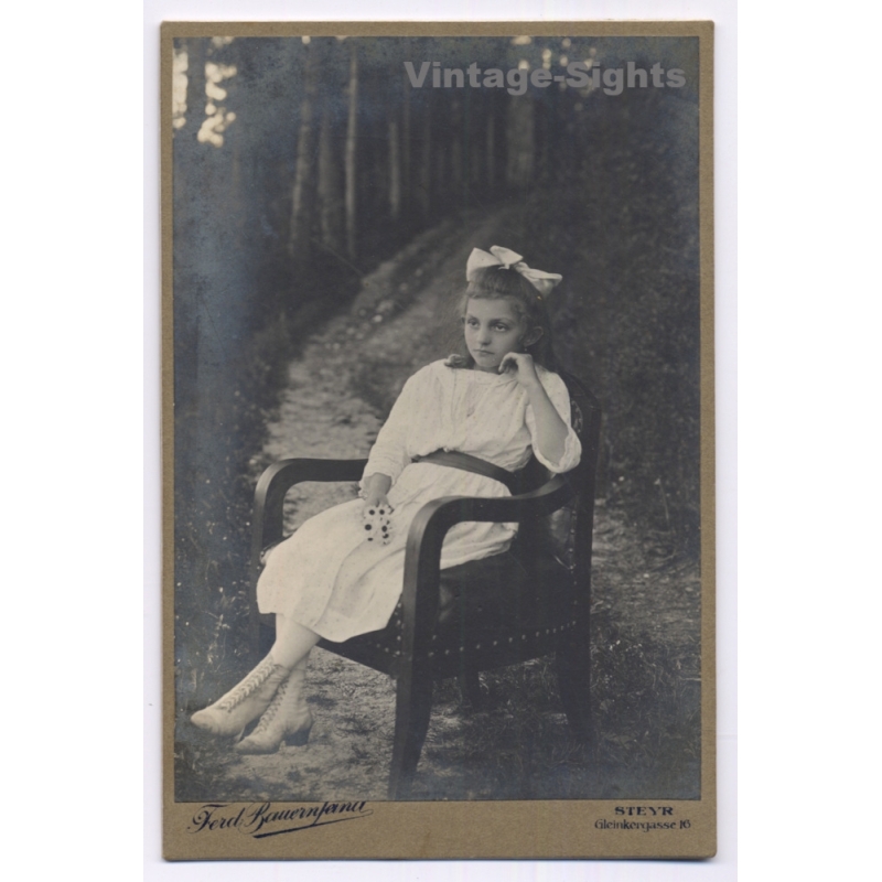 Bauernfeind / Steyr: Girl Outdoor Bench White Dress Hair Bow (Vintage Cabinet Card Photo ~1900s/1910s)