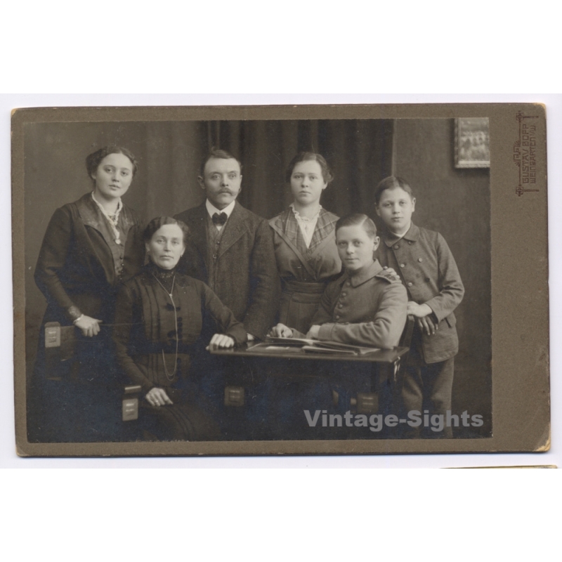 Gustav Bopp / Weingarten: Family Portrait Uniformed Soldier Six People (Vintage Cabinet Card Photo ~1910s