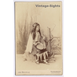 Jos Bentele / Ravensburg: Young Woman Folk Theatrical Costume Tambourine Sinti (Vintage Cabinet Card Photo ~1880s/1890s)