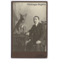 Bäuerle / Saarburg Lothringen: Man German Shepherd Dog Portrait (Vintage Cabinet Card Photo ~1900s/1910s)