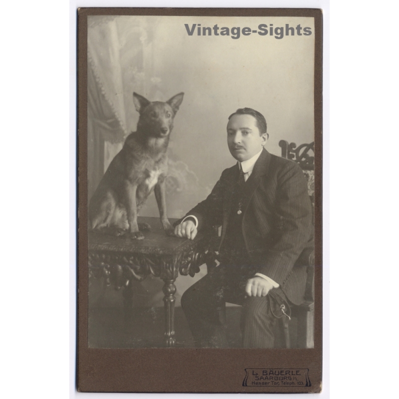 Bäuerle / Saarburg Lothringen: Man German Shepherd Dog Portrait (Vintage Cabinet Card Photo ~1900s/1910s)