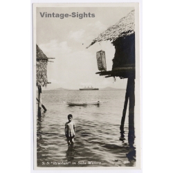 Philippines: SS Resolute Sulu Waters Stilt Houses Kid (Vintage RPPC 1920s/1930s)