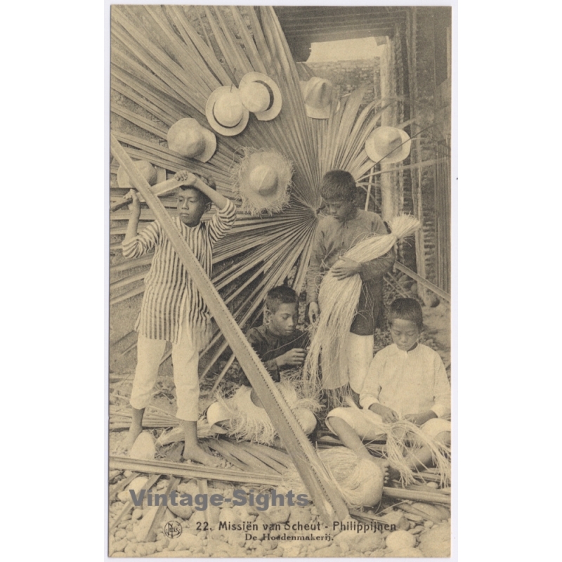 Scheut Missions / Philippines: Kids Hat Making Craft CICM (Vintage PC ~1920s/1930s)