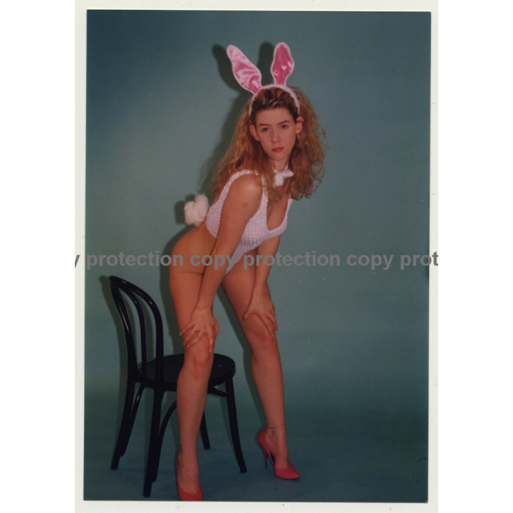 Blonde Playboy Bunny With Pink Rabbit Ears (Vintage Photo Germany 1980s)