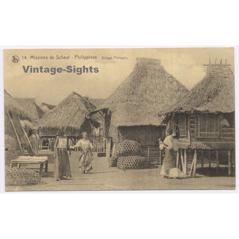 Scheut Missions / Philippines: Village Native Huts Women / Ethnic (Vintage PC NELS ~1910s/1920s)