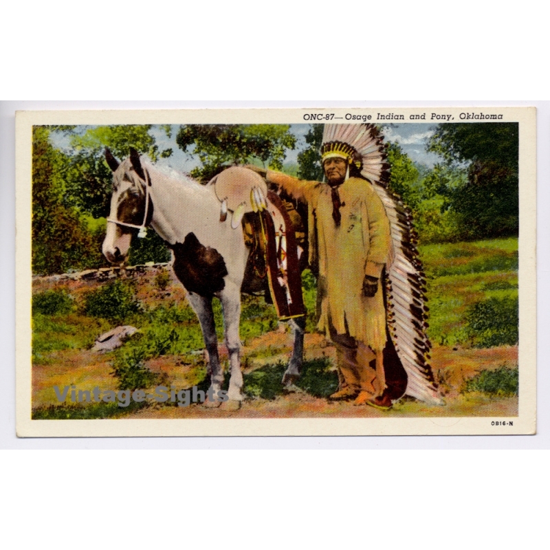 Osage Indian & Pony Oklahoma Native American (Vintage PC 1940)