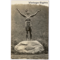 Hail To The Sunrise Statue Mohawk Trail Indian (Vintage RPPC ~1930s/1940s)