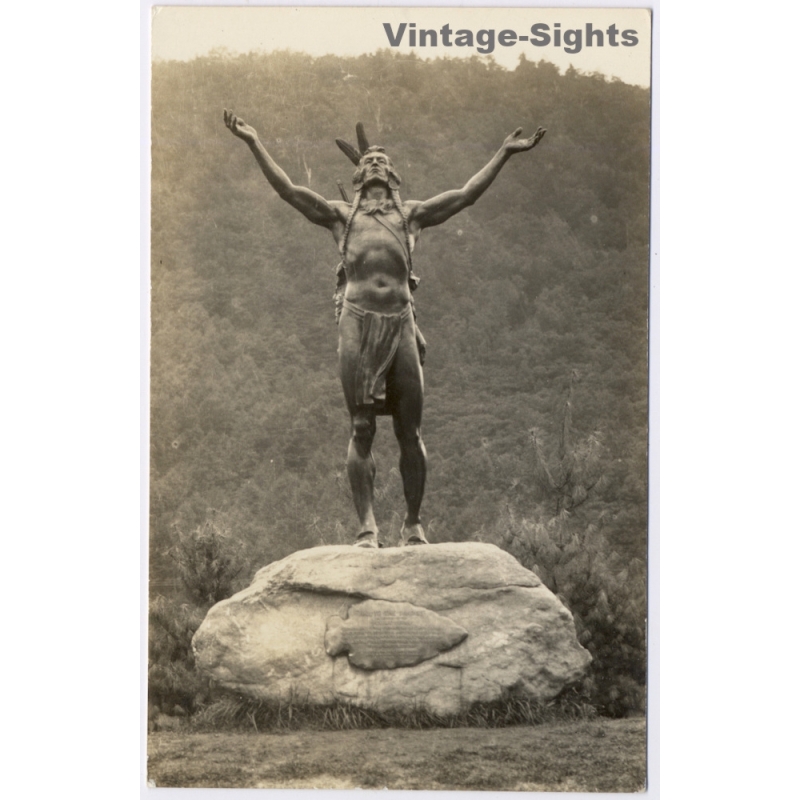 Hail To The Sunrise Statue Mohawk Trail Indian (Vintage RPPC ~1930s/1940s)