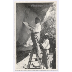 Orange Free State (South Africa): German Missionary Sketching San Bushman Rock Art Cave Paintings (Vintage Photo 1950s)