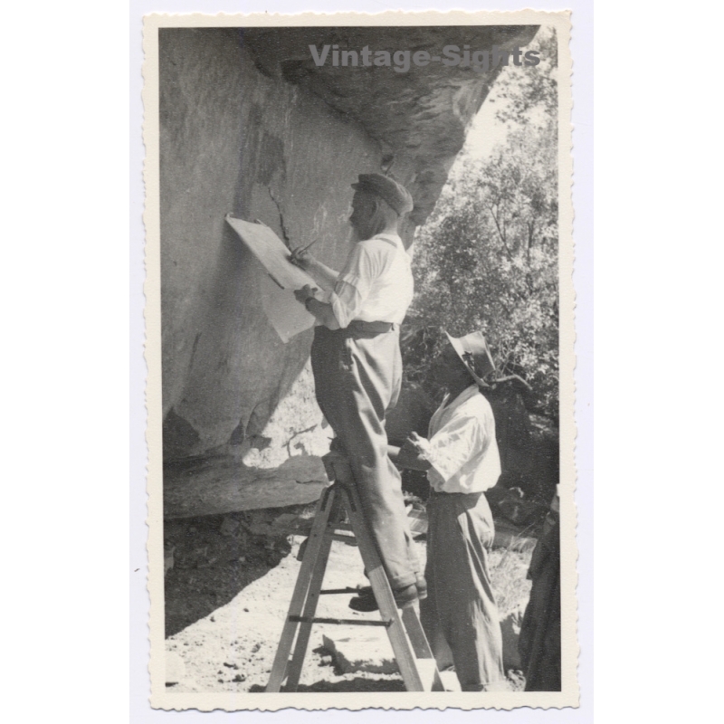 Orange Free State (South Africa): German Missionary Sketching San Bushman Rock Art Cave Paintings (Vintage Photo 1950s)